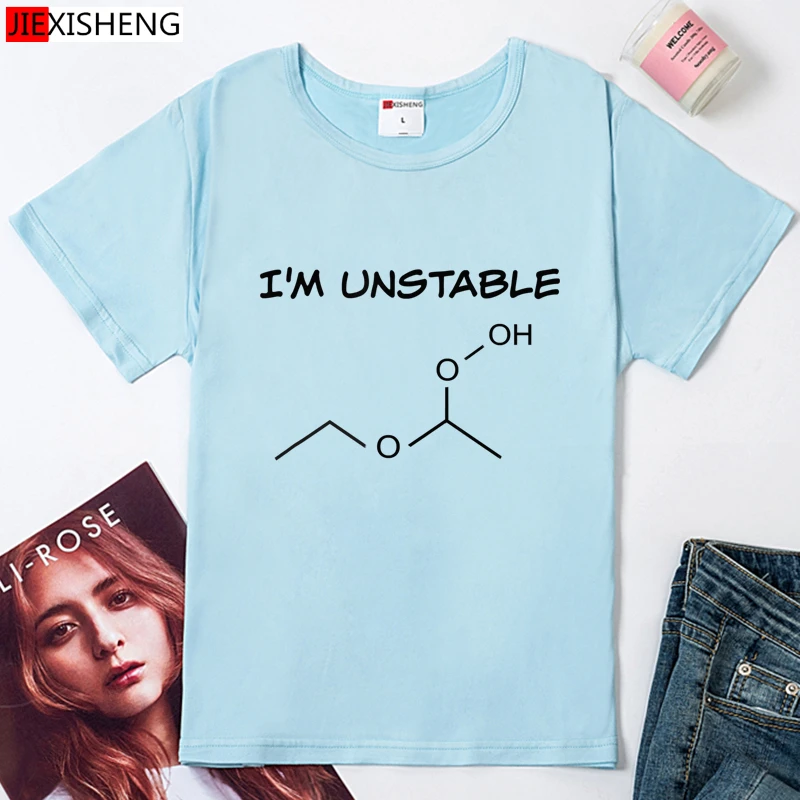 Аз НЕСТАБИЛНА, Забавни дамски тениски с графичен принтом Химически уравнения, големи Размери, 5 цвята, Върхове с Кръгло деколте и Къс ръкав, Тениски Изображение 3
