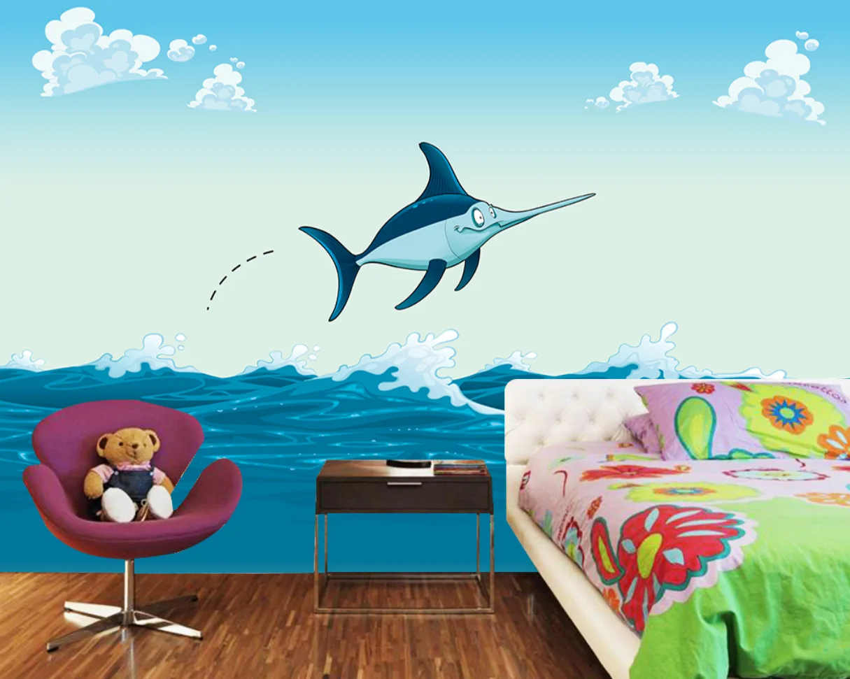 Потребителски фонови картинки делфин вълна стенопис спалня фонова стена 3d тапети muarl wapaper тапети стени, за да 3d Изображение 3