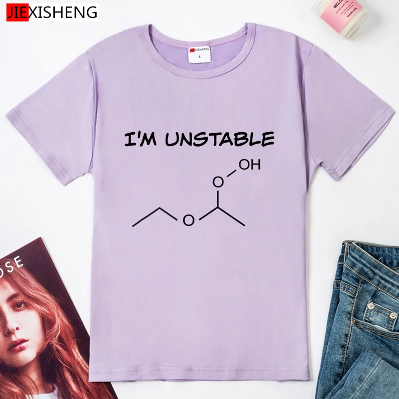 Аз НЕСТАБИЛНА, Забавни дамски тениски с графичен принтом Химически уравнения, големи Размери, 5 цвята, Върхове с Кръгло деколте и Къс ръкав, Тениски Изображение 4